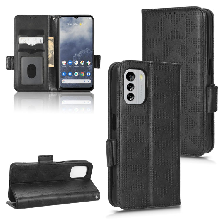 Black folio leather phone case with symmetric triangle pattern; card slots and flip