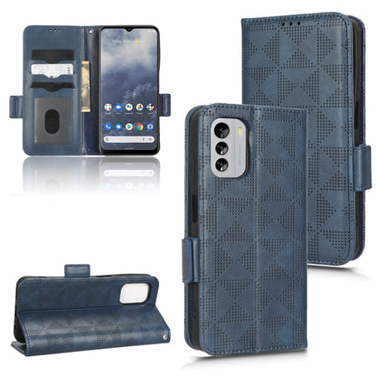 Symmetrical triangle leather phone case, blue folio with magnetic flap and textured triangle pattern