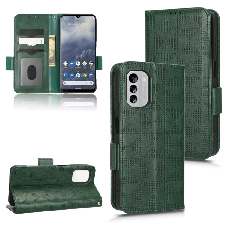 Green leather folio phone case with triangle pattern; card slots and cutout for ports.