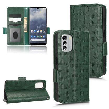Green leather folio phone case with triangle pattern; card slots and cutout for ports.