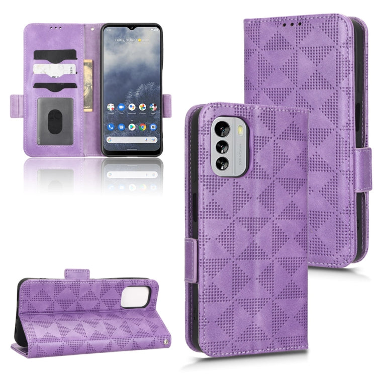 Purple leather folio phone case with geometric embossing, camera cutout, and card slots