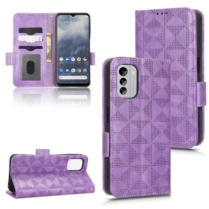 Purple leather folio phone case with geometric embossing, camera cutout, and card slots