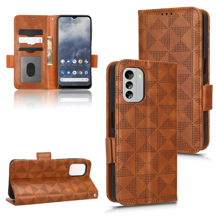 Brown leather wallet phone case with geometric triangle pattern and card slots