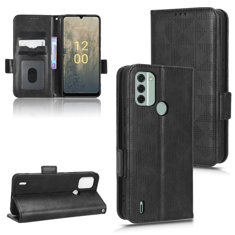 Black folio phone case with symmetric triangle pattern, flip cover, and camera cutouts