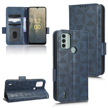 Symmetrical triangle leather phone case, blue folio with magnetic flap and camera cutout