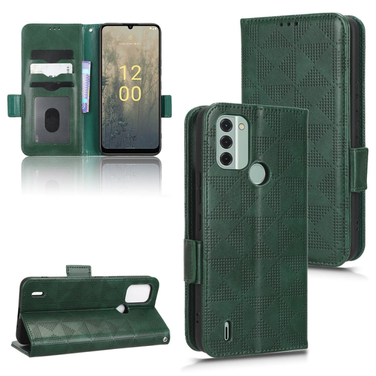 Green leather folio phone case, geometric triangle texture; front flap and side strap.