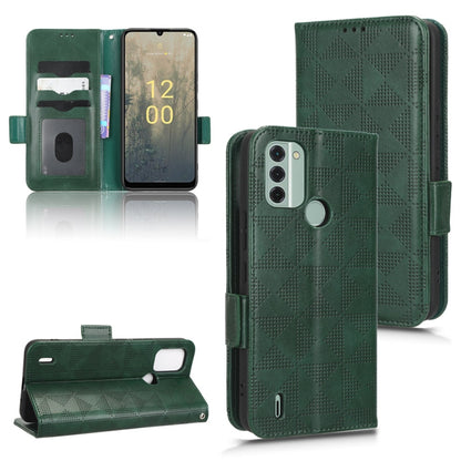 Green leather folio phone case, geometric triangle texture; front flap and side strap.