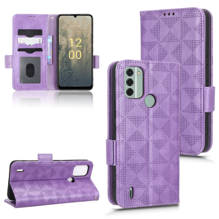 Purple leather wallet phone case with diamond geometric pattern and side button cutouts