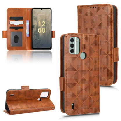 Brown leather phone case with geometric triangle pattern, stand cover, and camera cutout