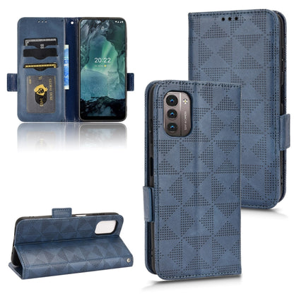 Symmetrical triangle leather phone case, blue folio with magnetic flap and card holder interior