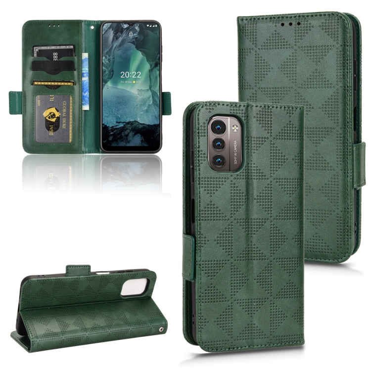 Green leather folio phone case with triangle pattern; phone screen and camera cutout.