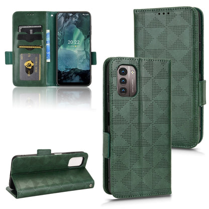 Green leather folio phone case with triangle pattern; phone screen and camera cutout.