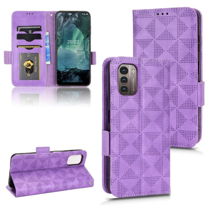 Purple leather wallet phone case with geometric pattern, card slots, and kickstand