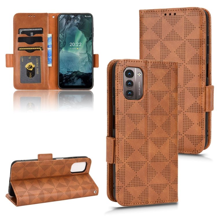 Brown leather folio phone case with geometric triangle embossing and magnetic flap