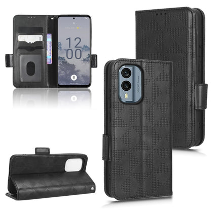 Symmetrical triangle leather phone case, dark folio with magnetic flap and card holder view
