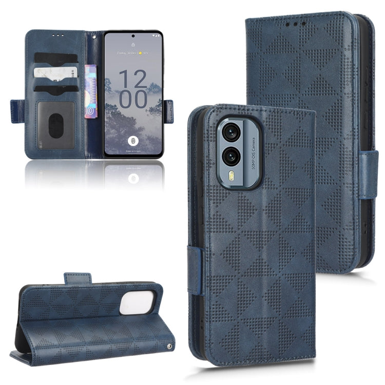 Symmetrical triangle leather phone case, blue folio with magnetic flap and dual card slot view