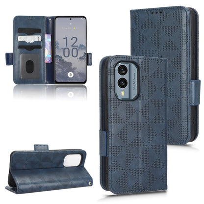 Symmetrical triangle leather phone case, blue folio with magnetic flap and dual card slot view