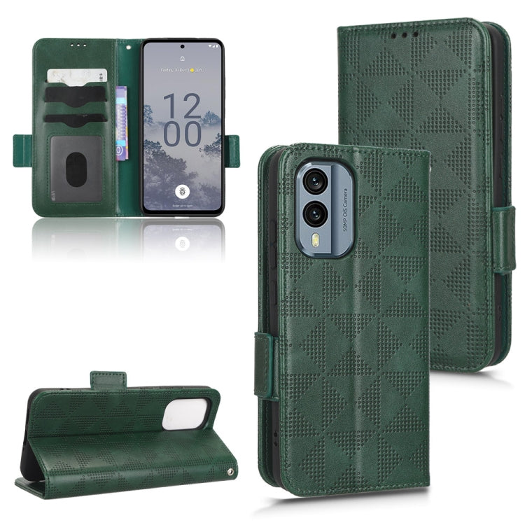 Green leather folio phone case with triangle pattern; card slots and side strap.
