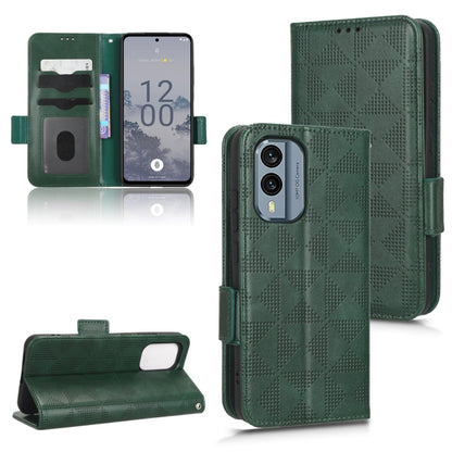 Green leather folio phone case with triangle pattern; card slots and side strap.