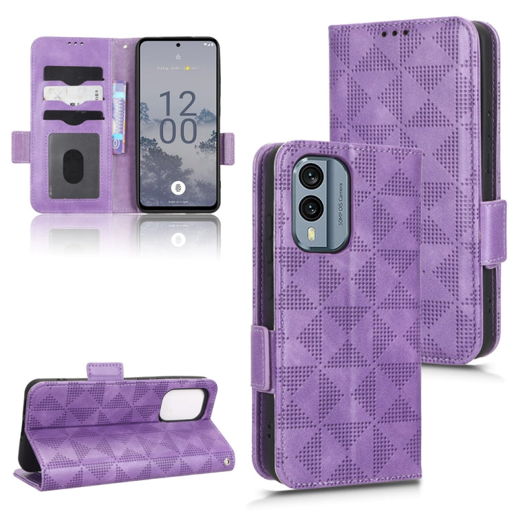 Purple folio phone case with geometric diamond pattern, camera opening and card slots