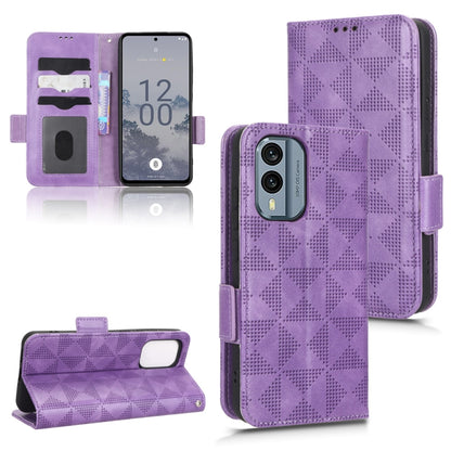 Purple folio phone case with geometric diamond pattern, camera opening and card slots