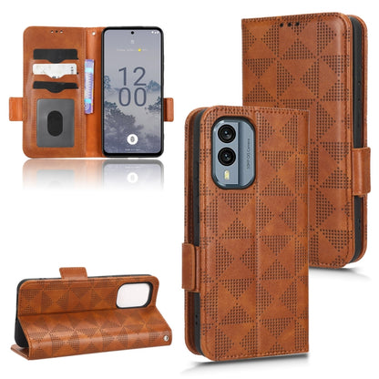 Brown leather phone case with geometric triangle pattern and internal card holder