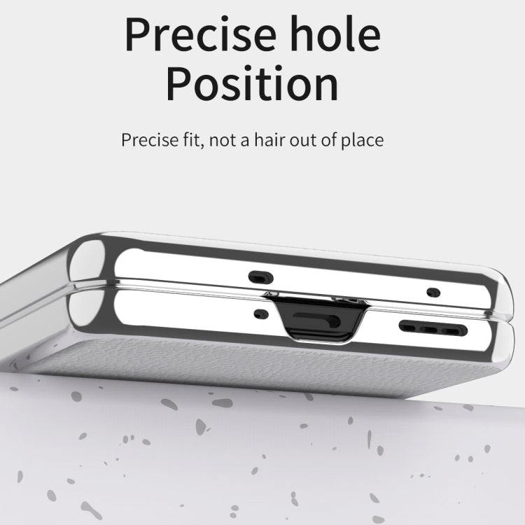 White fold phone case underside with precise cutouts and metal-look edge frame.