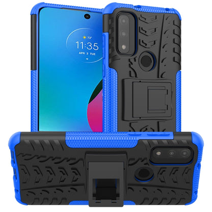 Blue rugged phone case with tire-tread texture, TPU/PC, built-in holder/stand