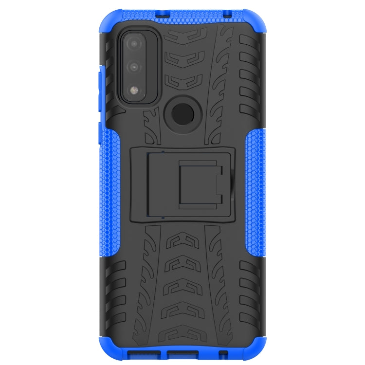 Blue and black rugged phone case with tire-tread texture, holder window, kickstand