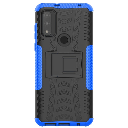 Blue and black rugged phone case with tire-tread texture, holder window, kickstand