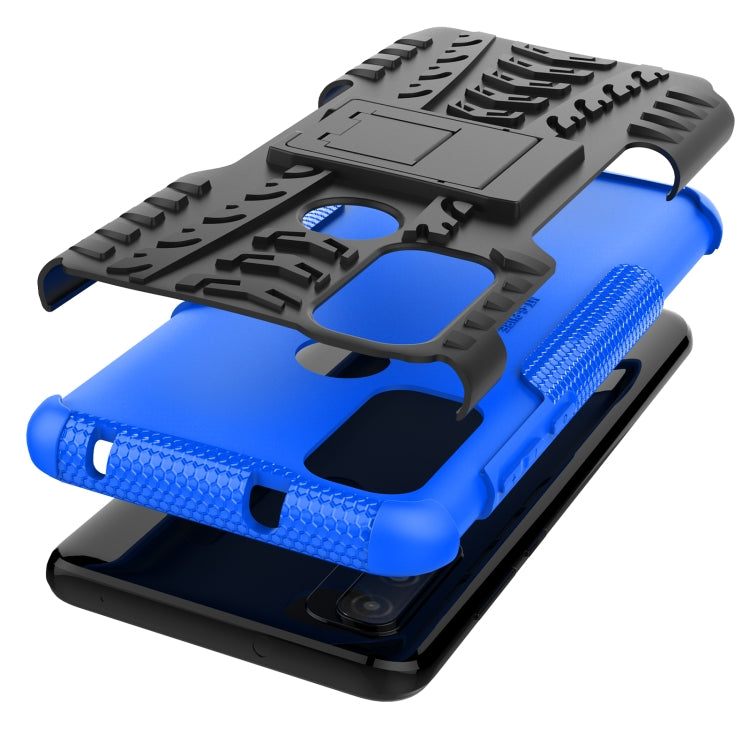 Blue rugged phone case with tire-tread texture, kickstand stand and camera cutouts