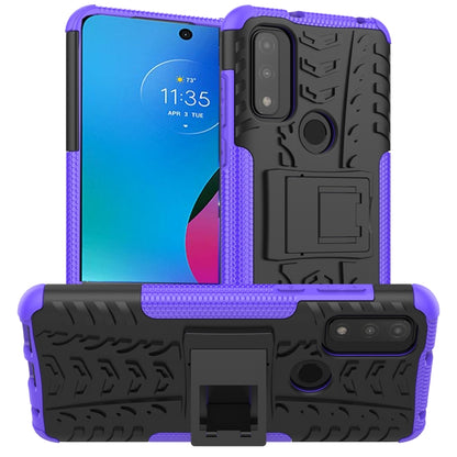 Purple rugged phone case with tire-tread texture, TPU/PC protection, built-in holder