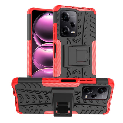 Red rugged phone case with tire-tread texture, TPU/PC protection, built-in holder