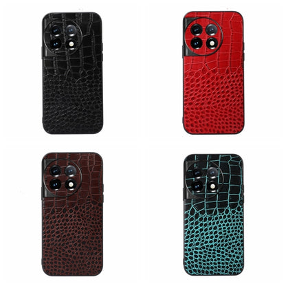 Four crocodile-texture genuine leather phone cases in black, red, brown, and cyan.