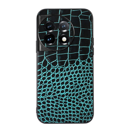 Cyan crocodile-texture genuine leather phone case with camera cutout, front view