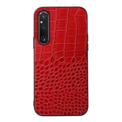 Red crocodile-texture genuine leather phone case with raised camera cutout.