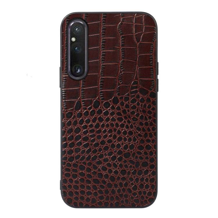 Brown crocodile-texture genuine leather phone case with raised camera cutout.