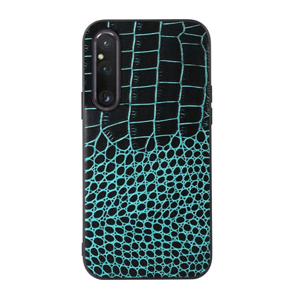 Cyan crocodile-texture genuine leather phone case with raised camera cutout.