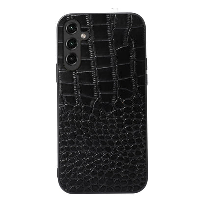 Black crocodile-texture genuine leather phone case with raised camera cutout.