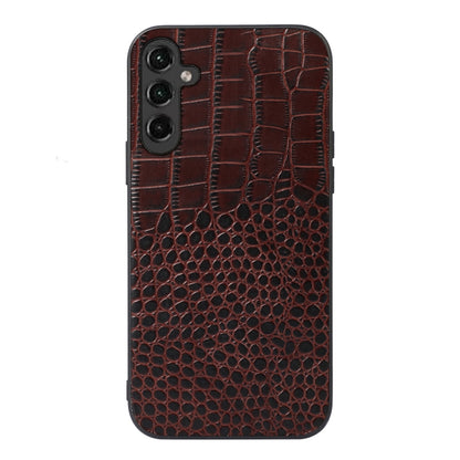 Brown crocodile-texture genuine leather phone case with side grip and camera cutout.