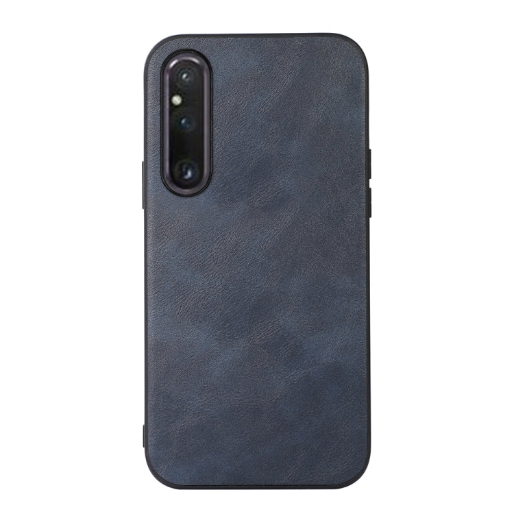 Dark blue cowhide-texture PU phone case with camera cutout and contoured edges