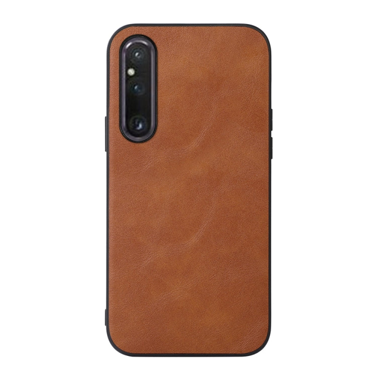 Brown cowhide-texture PU phone case with camera cutout and smooth protective finish