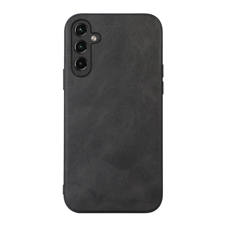 Black cowhide-texture PU phone case with triple-camera cutout and raised protection