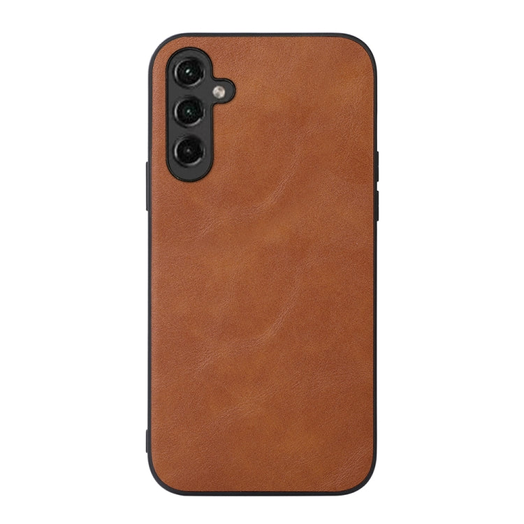 Brown cowhide-texture PU phone case with triple-camera cutout and sturdy coverage
