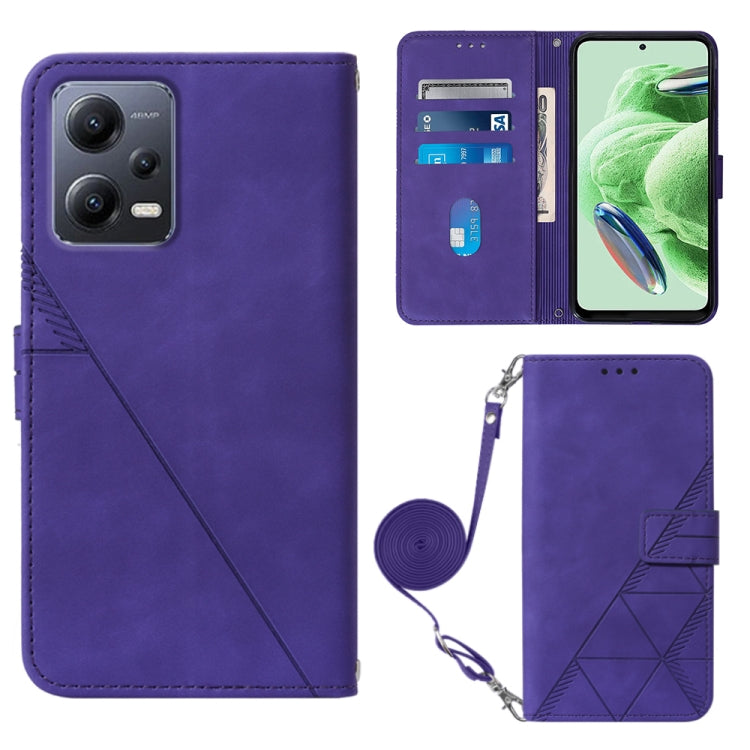 Purple 3D embossed leather flip phone case with crossbody strap and card slots