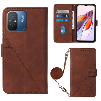 Crossbody flip leather phone case, brown with embossed geometric pattern and strap