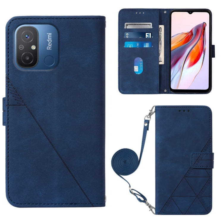 Crossbody flip leather phone case, blue with embossed geometric pattern and strap