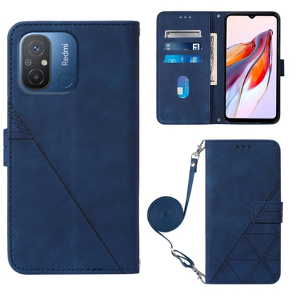 Crossbody flip leather phone case, blue with embossed geometric pattern and strap