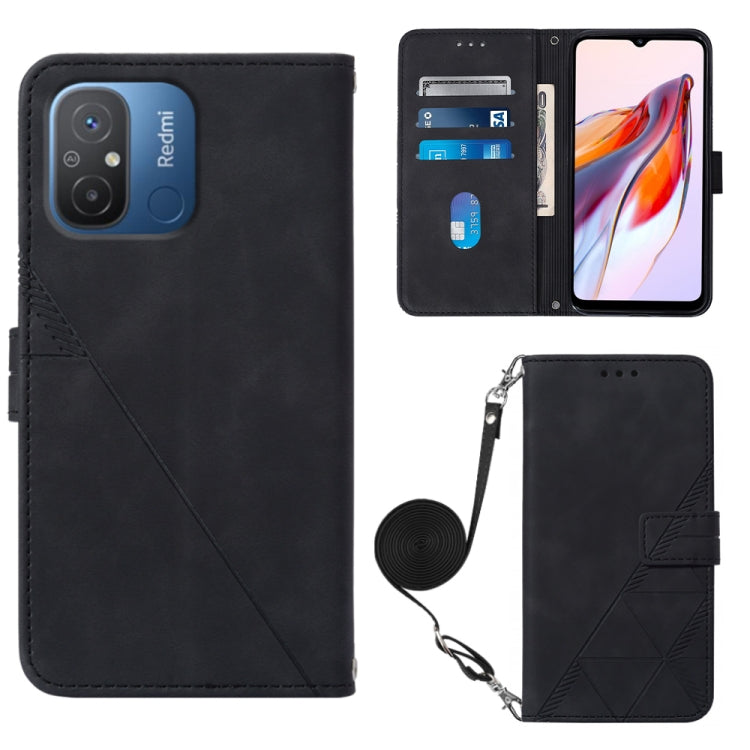 Crossbody flip leather phone case, black with embossed geometric pattern and strap