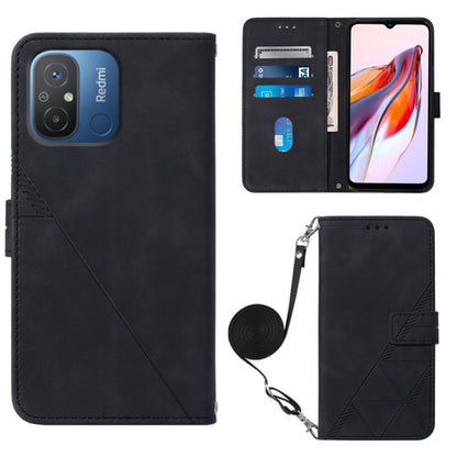 Crossbody flip leather phone case, black with embossed geometric pattern and strap